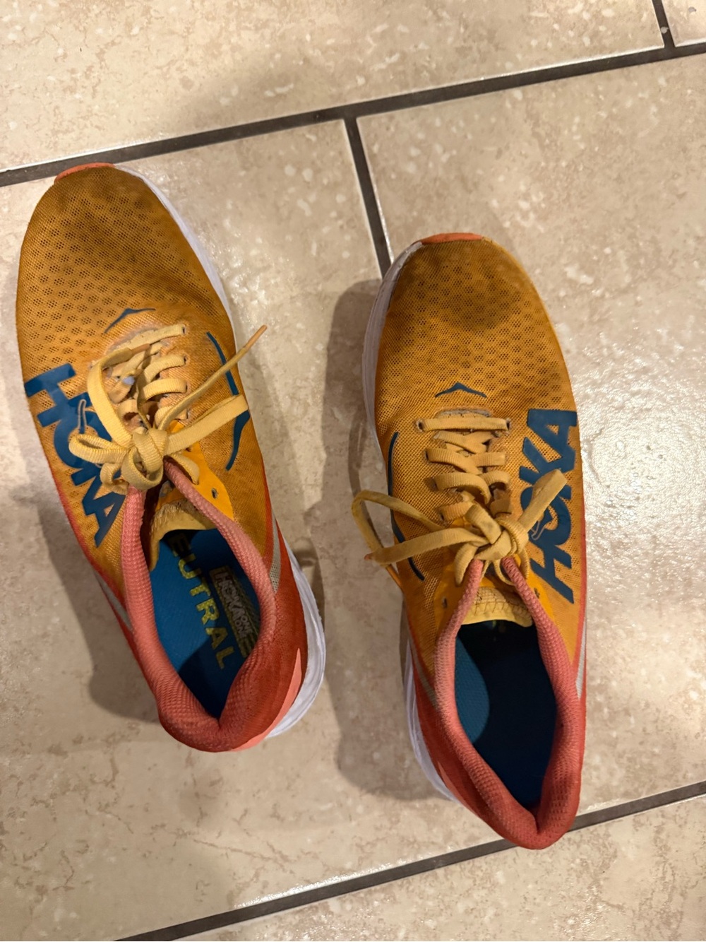 Hoka one ladies size 9.5 shoes Yellow-Orange Athletic Sneakers with Blue Accents